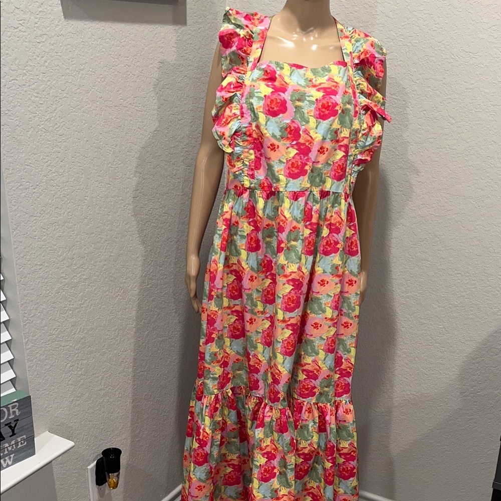 NWT Peyton & Parker Floral Ruffle Maxi Dress in Pink & Green w/ back cutouts.